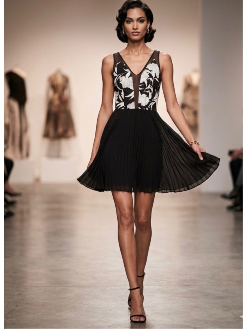 Iodice Black Floral Bodice Pleated Chiffon Mini Dress Coquette Mesh V-Neck XS